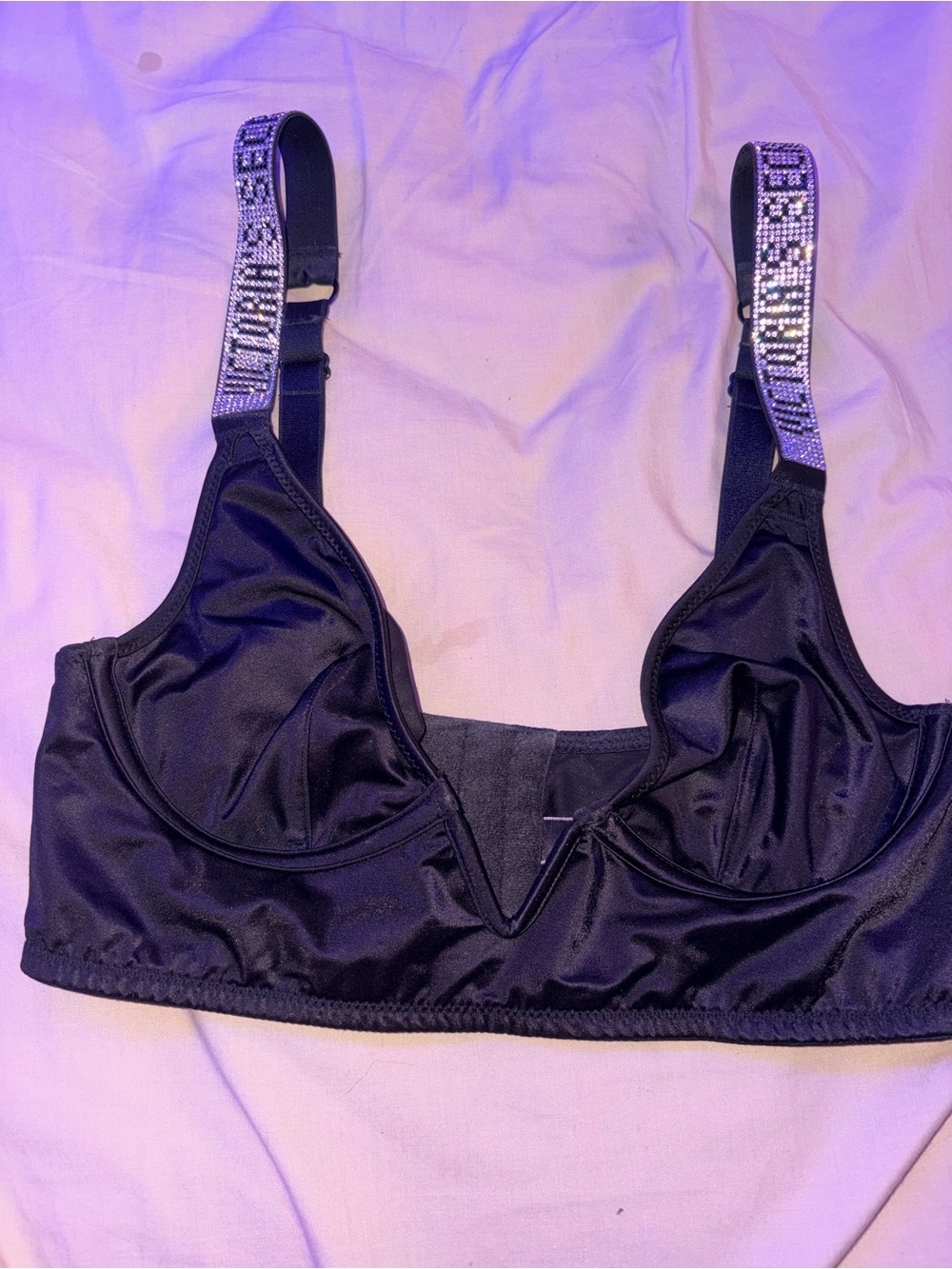Victoria's Secret Black Satin Underwire Bra with Embellished Straps